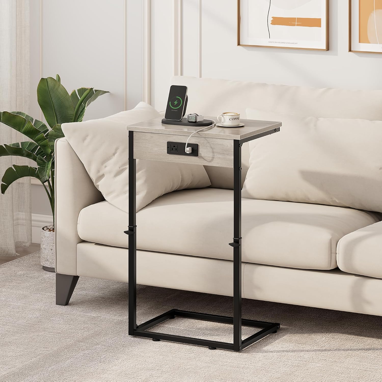 Vagusicc C Shaped End Table with Charging Station, Adjustable Height Side Table for Couch,Small Side Table Small Spaces,33.2'' Tall Couch Tables that Slide Under, Tv Tray Table for Living Room, Greige