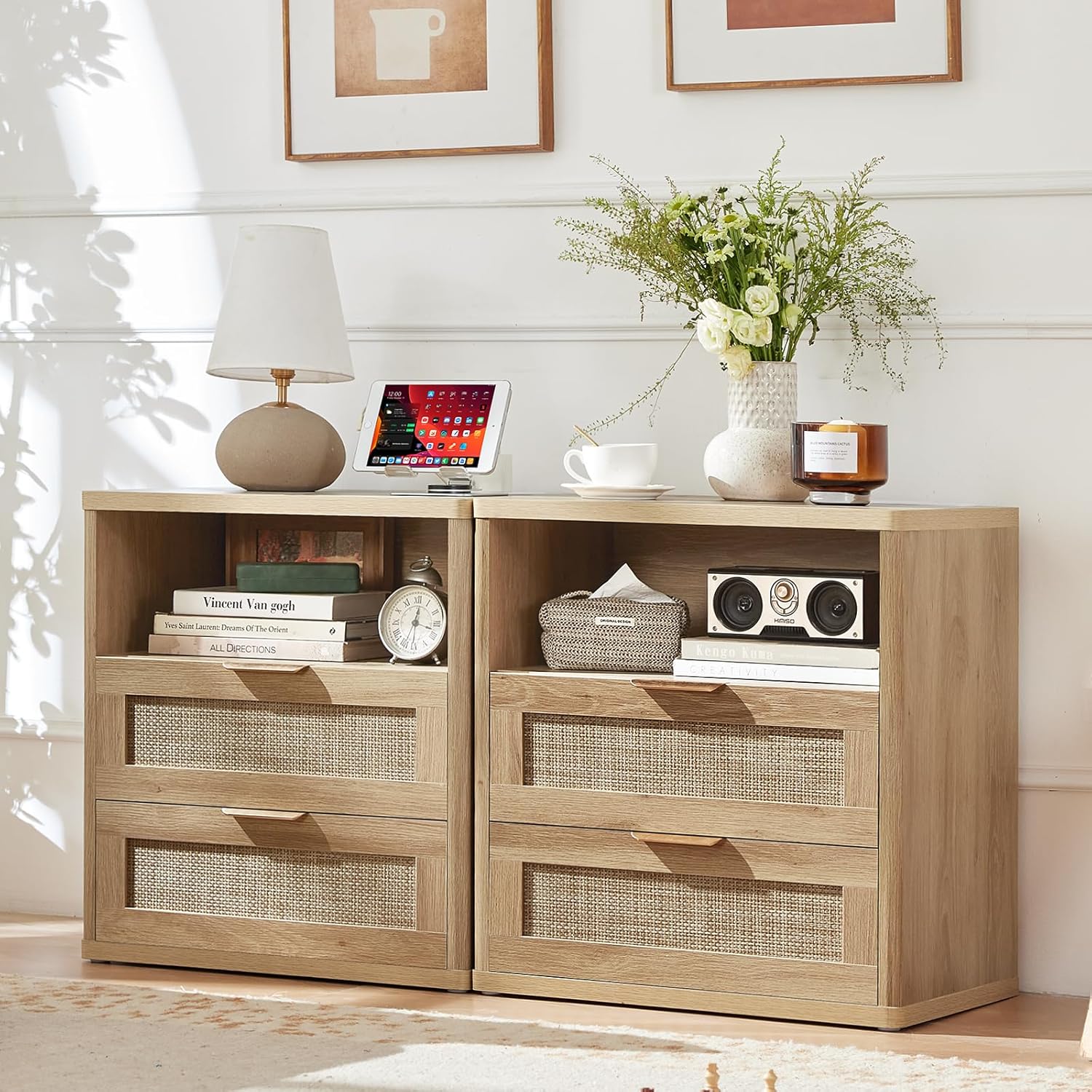 LEYAOYAO Rattan Nightstands Set of 2 with Charger Station, 23" Wide Boho Night Stand with 2 Drawers, Natural Wood Bedside Table Open Shlef, Bed Side End Table Dresser for Bedroom, Living Room Hallway