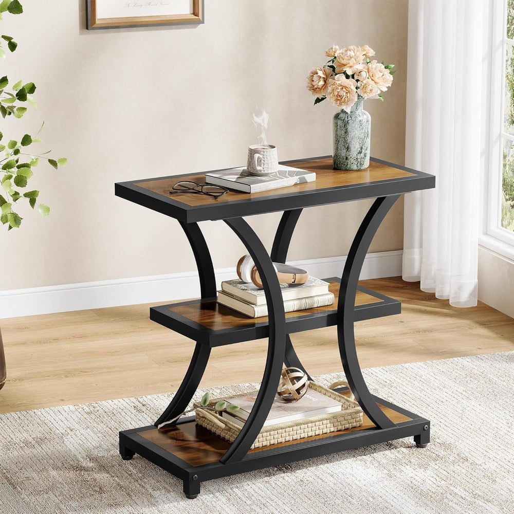 Tribesigns End Table with Storage, 3-Tier Side Table with Geometric Metal Des...