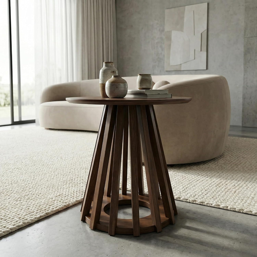 DUOMAY Modern Solid Wood Round Side Table with Geometric Base, Wood Accent En...