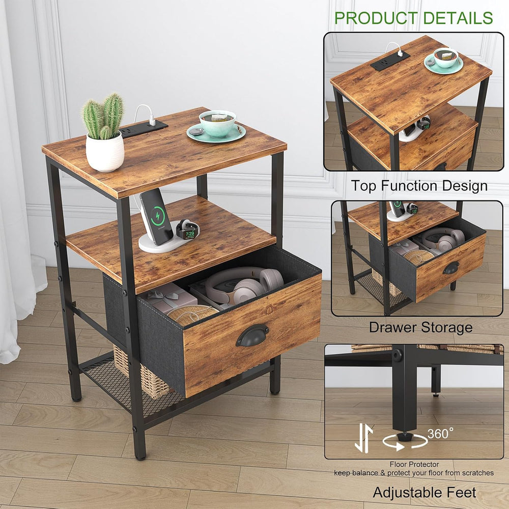 sthmec Nightstands Set of 2, Night Stands with Charging Station and Fabric Dr...
