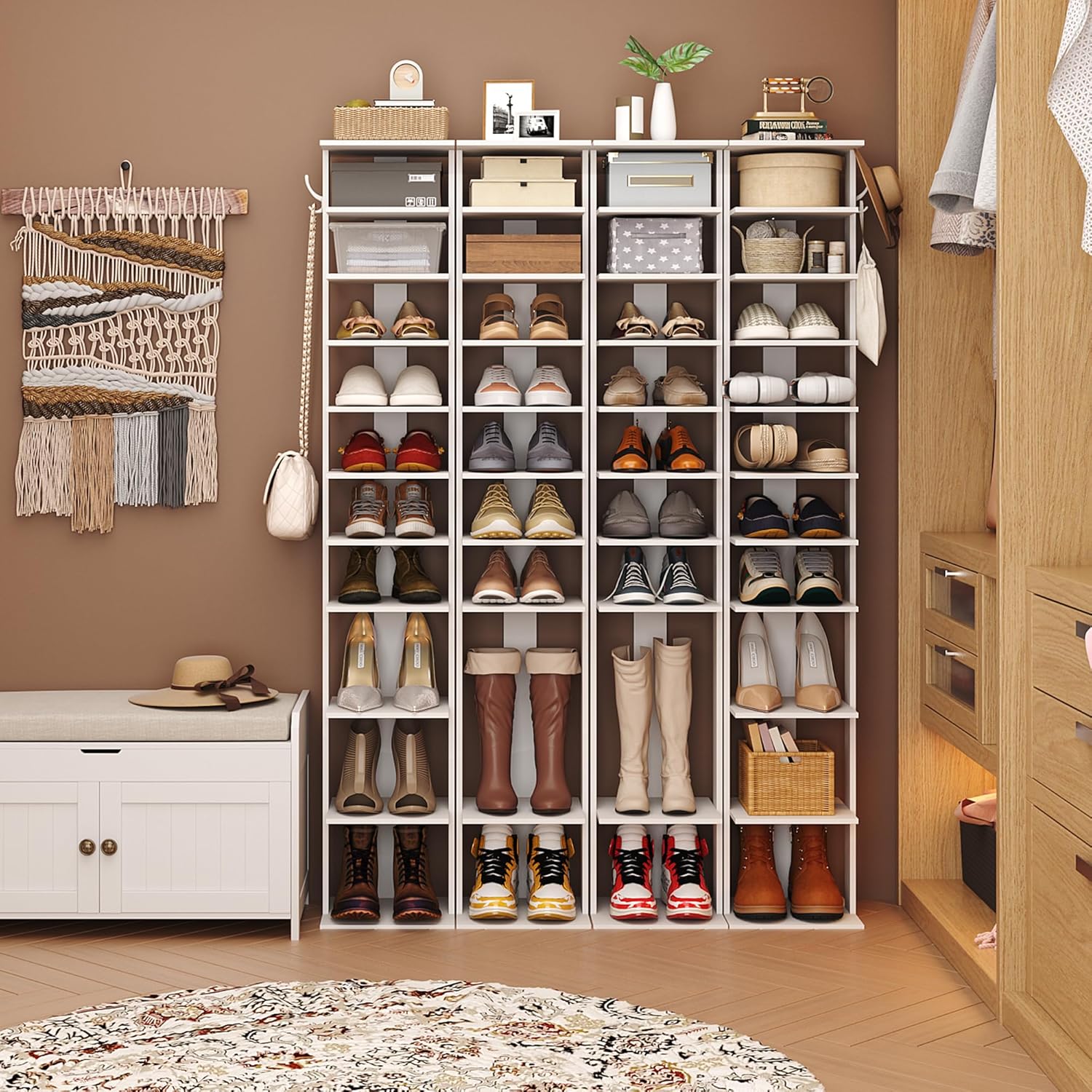 HOMEFORT 10-Tier Vertical Shoe Rack, Corner Shoe Tower, Slim Shoe Organizer with Two Hanging Hooks, Wooden Shoe Storage Stand for Entryway, Hallway, Closet (White)