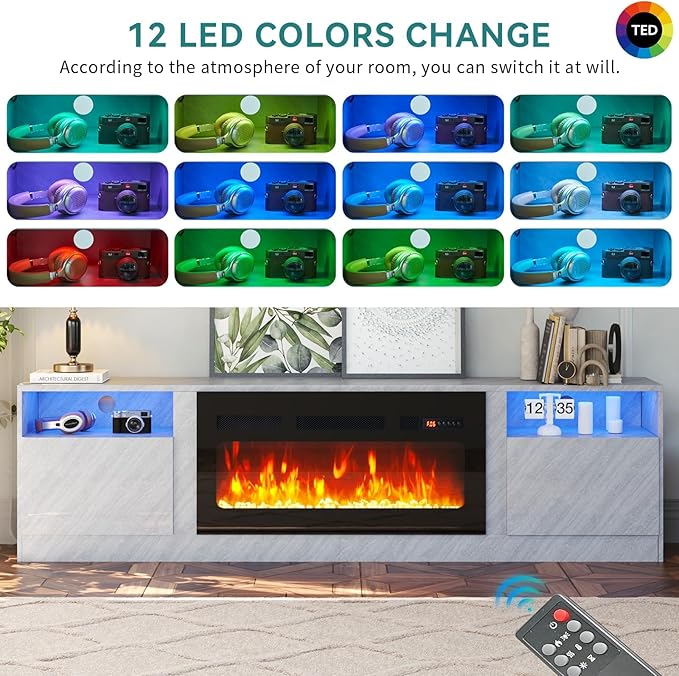 oneinmil 80” TV Stand with 36” Electric Fireplace, Large Modern Media Entertainment Center with Storage Cabinet and 12 Colors LED Lights for TVs Up to 90", Grey+Black