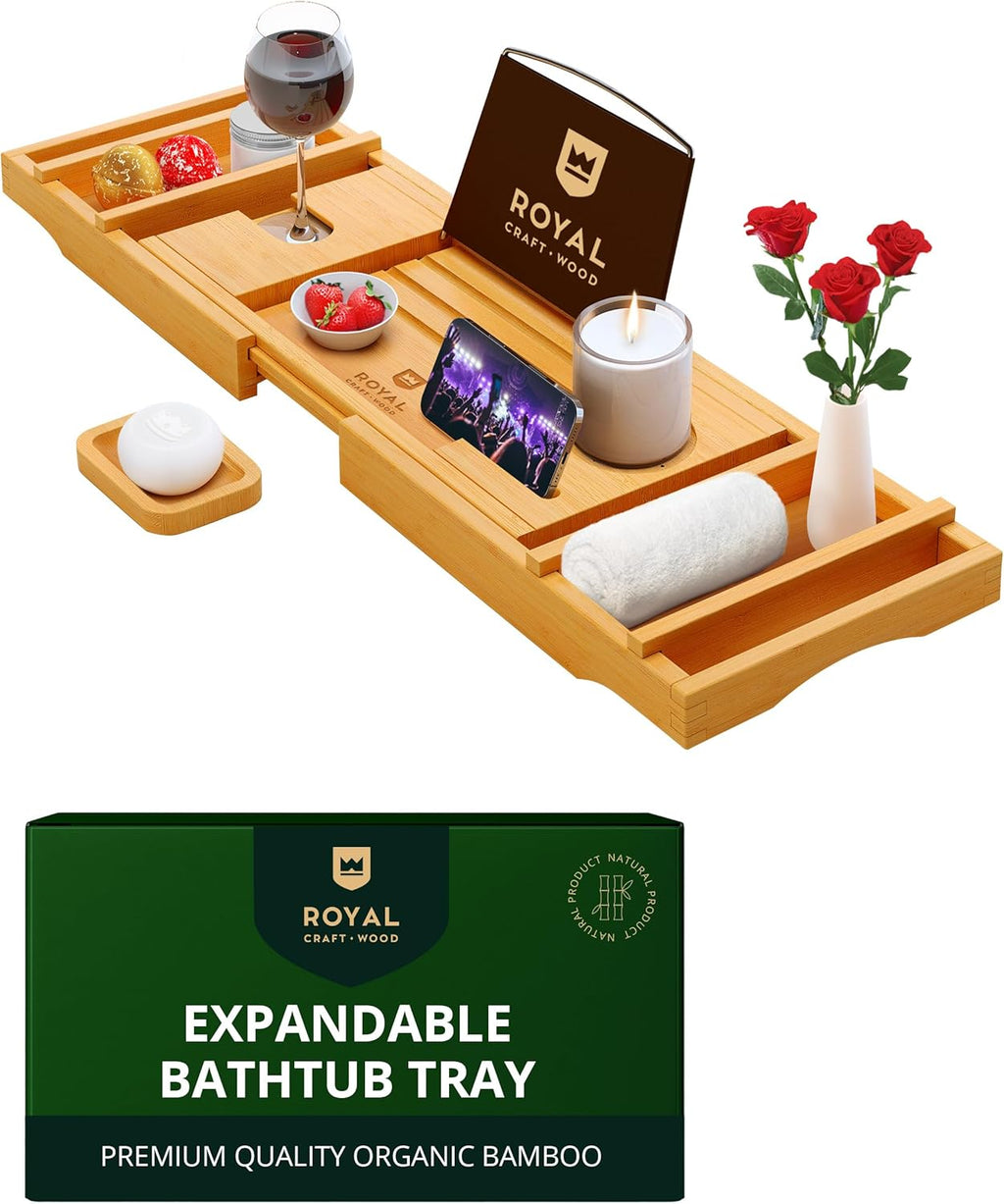 Non-Foldable Bathtub Tray Caddy for Tub, Bamboo Bath Shelf, Premium Wood Bath Table, Expandable Bathtub & Bathroom Accessories, New Home Gifts for Mom, Housewarming, Anniversary