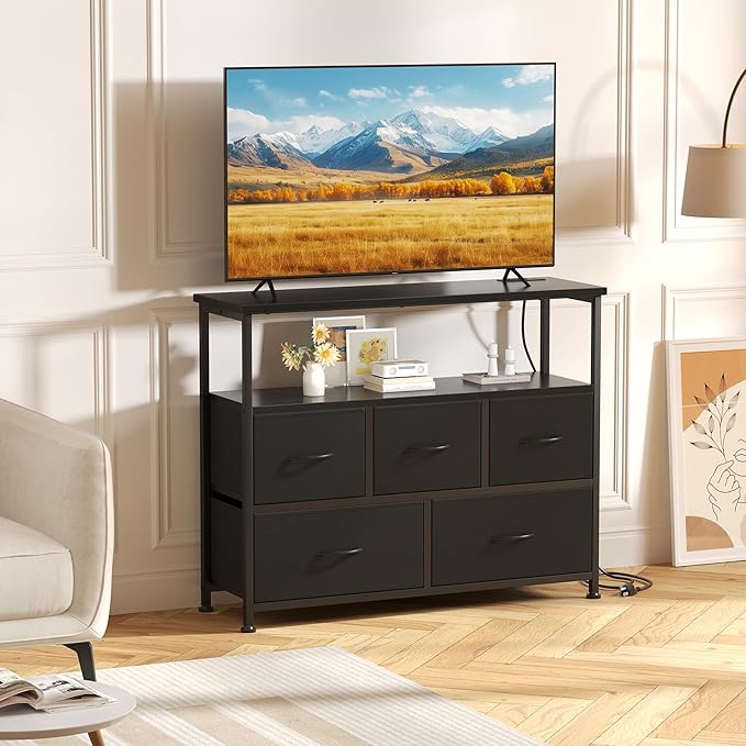 DUMOS TV Stand, Dresser with 5 Fabric Storage Drawers, Media Console Featuring Open Shelf, Fabric Storage Cabinet with Charging Station, Compact Entertainment Unit for Bedroom, Living Room, Black