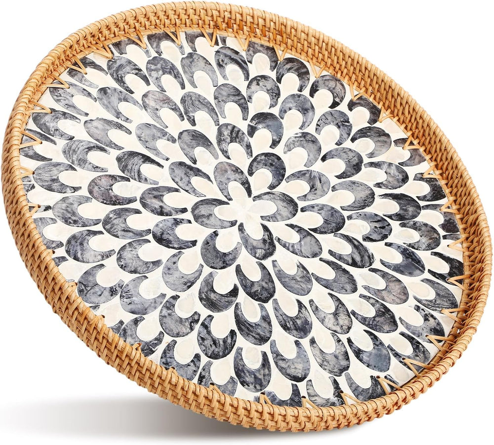 16" Round Rattan Tray Mother of Pearl Inlay Wood Base, Black, Plume
