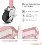 CAXXA 3-Tier Rolling Metal Storage Organizer - Mobile Utility Cart with Caster Wheels, Pink