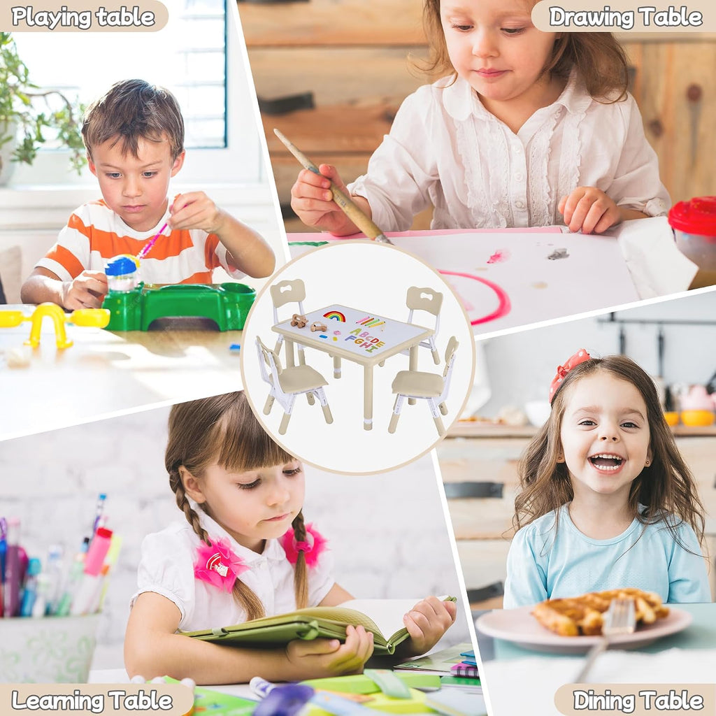 GITAWUSA Toddler Table and Chair Set, Height Adjustable-Upgrade Kids Table and 4 Chairs for Ages 3-8, Multi-Activity Toddler Play Table with Graffiti Desktop for Home/Daycare (4Chairs Beige)