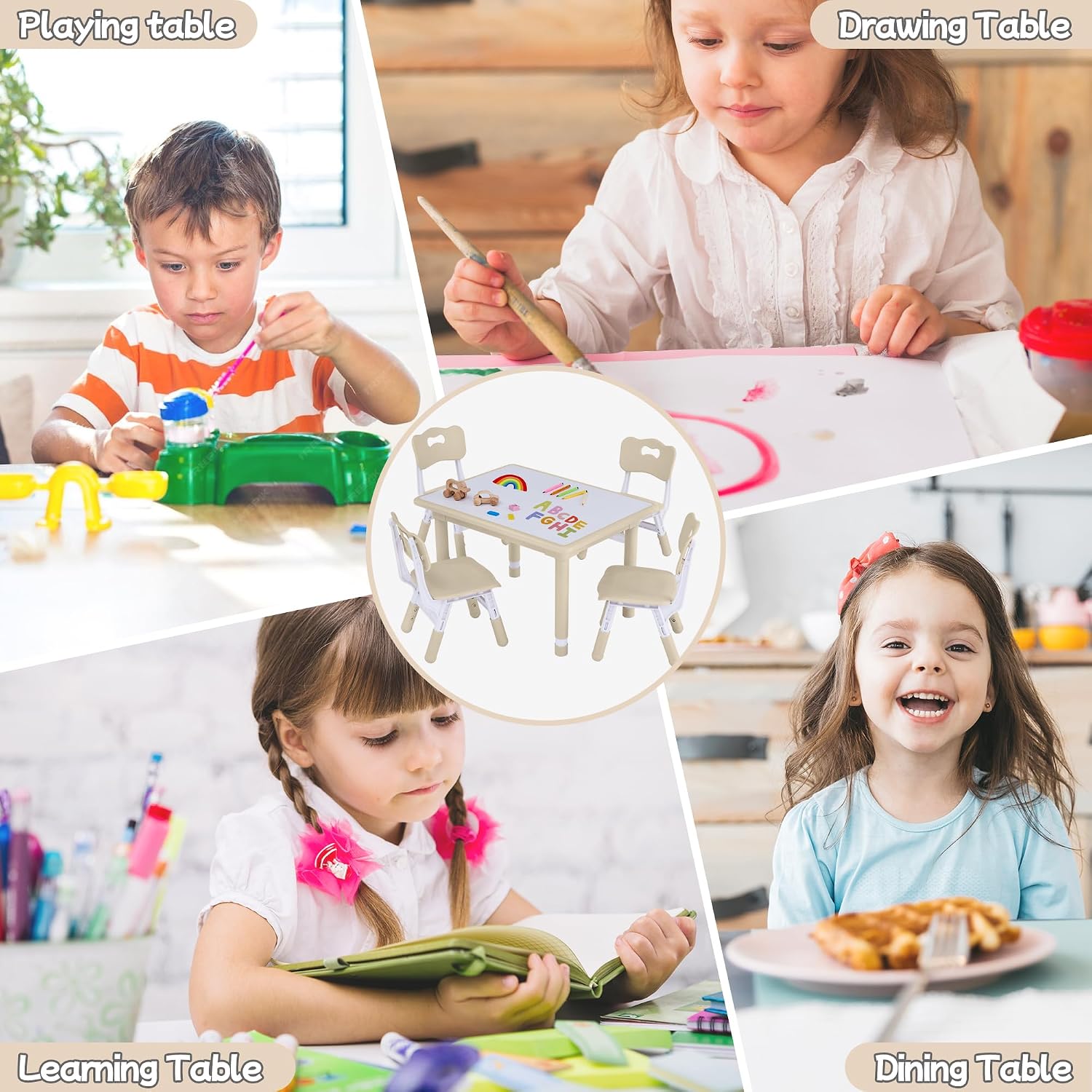 GITAWUSA Toddler Table and Chair Set, Height Adjustable-Upgrade Kids Table and 4 Chairs for Ages 3-8, Multi-Activity Toddler Play Table with Graffiti Desktop for Home/Daycare (4Chairs Beige)