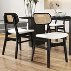 Rattan Dining Chairs Set of 2 Black Wooden Dining Room Chairs White Faux Leather Kitchen Chairs with Back Farmhouse Side Chairs