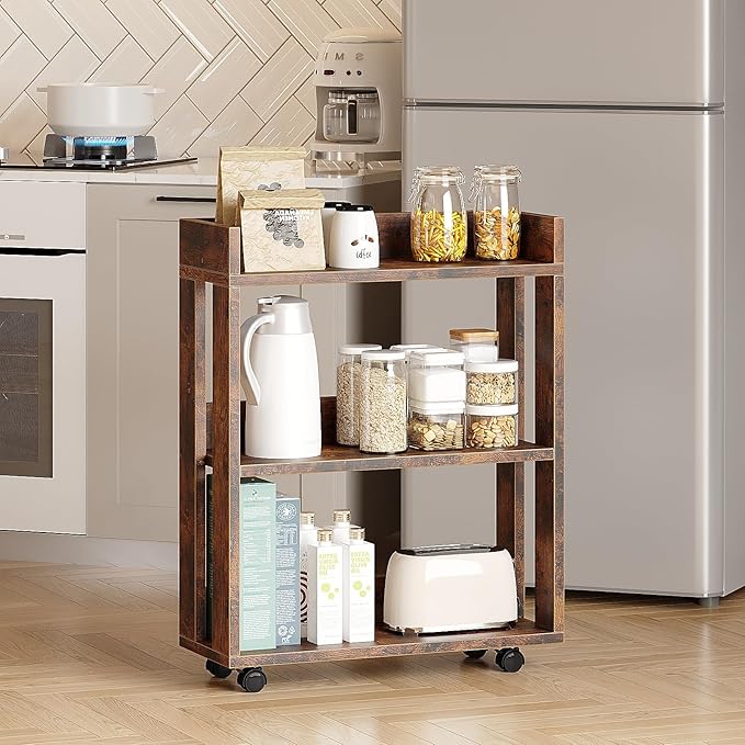 ALISENED 3 Tier Nightstand with Wheels, Wood Small Bookshelf and Bookcase, Farmhouse Bedside End Table with Storage Rack for Bedroom, Library, Living Room, Home, Office Cart, Rustic