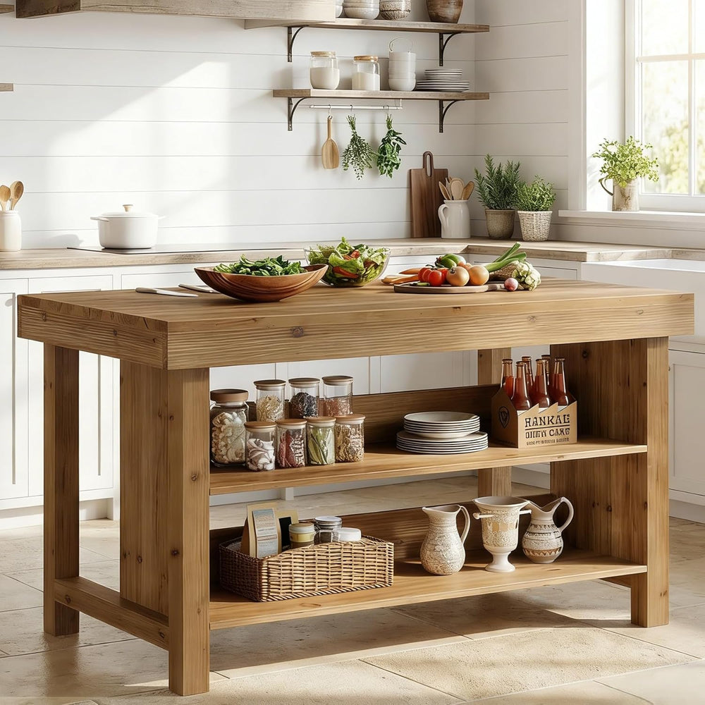 55" Solid Wood Kitchen Island with Storage, Farmhouse Kitchen Island Tab...