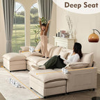 142.5" U Shaped Couch, Modular Sectional Sofa, 3-Seater Comfy Cloud Couch, Set of Modular Pieces with Movable Ottoman, Deep Seat Couches for Living Room, Linen, Beige