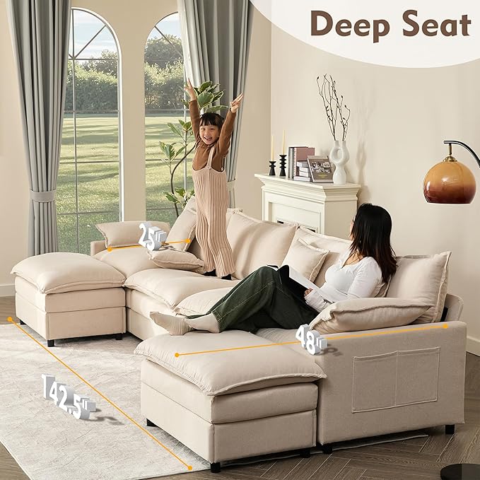 142.5" U Shaped Couch, Modular Sectional Sofa, 3-Seater Comfy Cloud Couch, Set of Modular Pieces with Movable Ottoman, Deep Seat Couches for Living Room, Linen, Beige