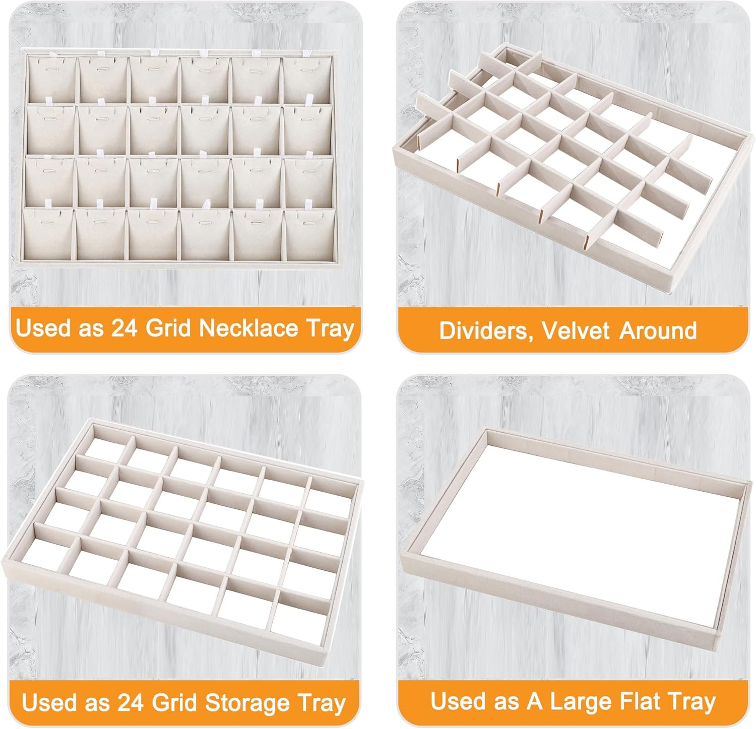 Mornajina 24 Grids Stackable Jewelry Tray Organizer with Removable Dividers, Velvet Jewelry Display Tray for Earrings Necklaces Bracelet Rings Display Showcase - Beige