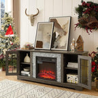 TV Stand with Electric Fireplace & Storage Cabinet, Entertainment Center with 2 Glass Door, Faux Stone Media Console Table for Living Room (Grey,58" with Fireplace)
