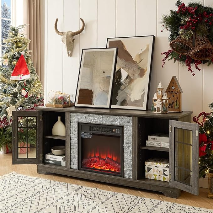 TV Stand with Electric Fireplace & Storage Cabinet, Entertainment Center with 2 Glass Door, Faux Stone Media Console Table for Living Room (Grey,58" with Fireplace)