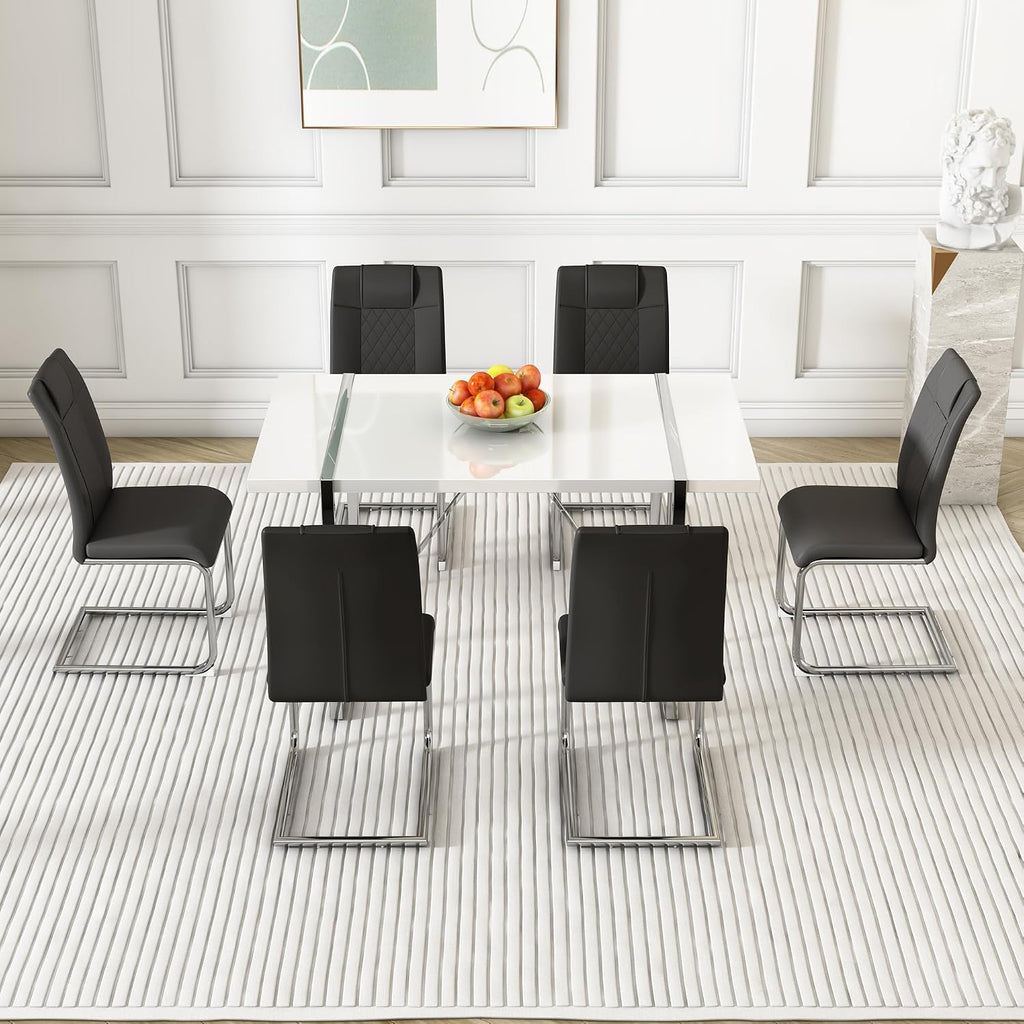 Dining Table Set for 6, White Rectangular MDF Kitchen Table Set with Leather Dining Chairs Set of 4, 55" Dinner Table Set for Kitchen, Dining Room