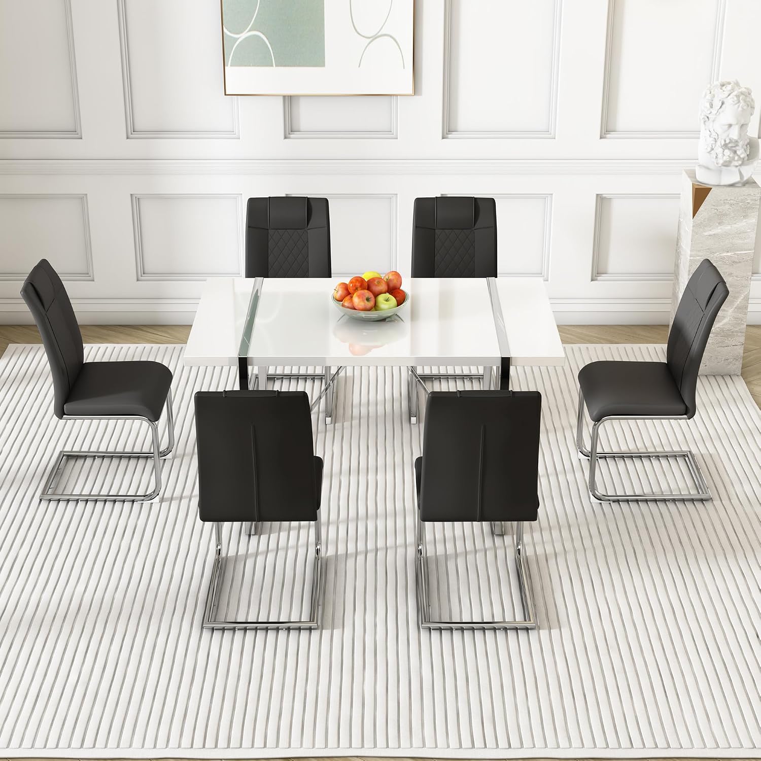 Dining Table Set for 6, White Rectangular MDF Kitchen Table Set with Leather Dining Chairs Set of 4, 55" Dinner Table Set for Kitchen, Dining Room