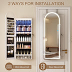 LVSOMT Wall Mounted Jewelry Organizer Lockable, 43"x16" Door Hanging Arched Mirror with Lights and Jewelry Storage, 6 LEDs Jewelry Cabinet (White)