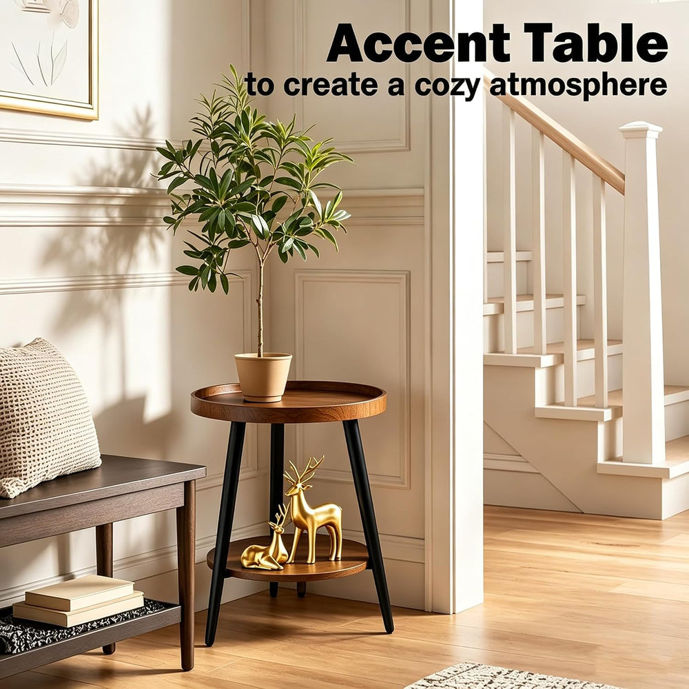 Small Round Side Table, 2-Tier Mid Century Modern Side Table, Round End Table...