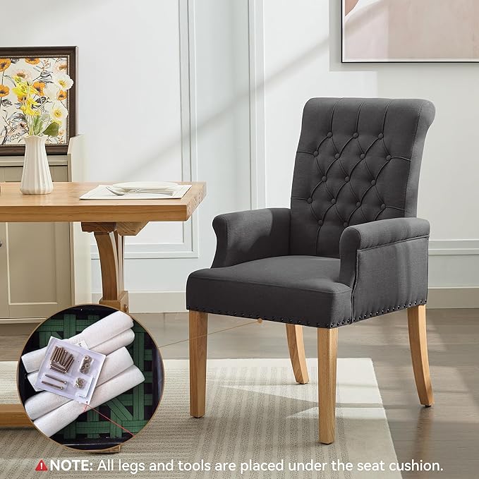 Fabric Dining Chair with Arms, Upholstered Tufted High Back Dining Room Chair...