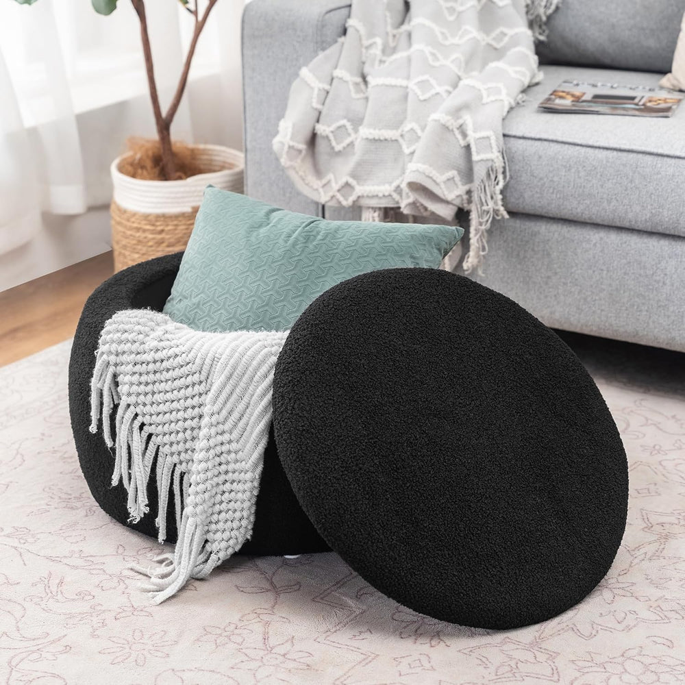 Homebeez 23" Round Storage Ottoman with Removable Lid, Faux Fur Footrest...