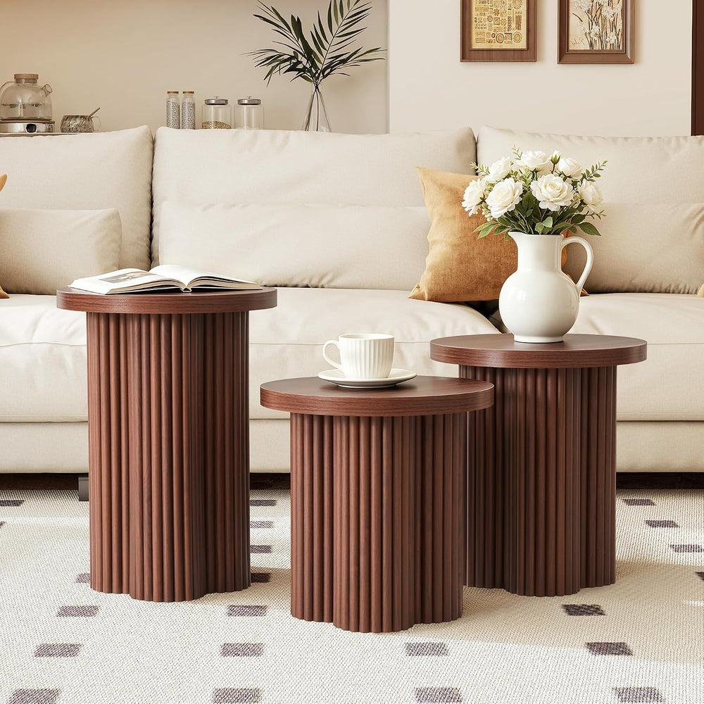 Nesting Coffee Table Set of 3, Fluted Round Nesting Tables Mid Century Modern...