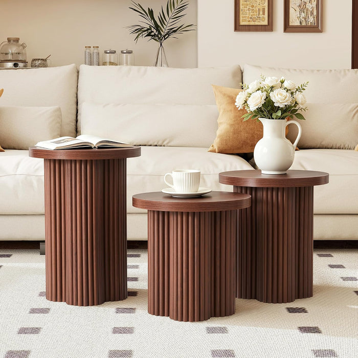 Round Nesting Coffee Table Set of 3 Fluted Coffee Table (Walnut)