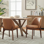 VKNOW Modern Dining Chairs Set of 2, Faux Leather Kitchen Chairs with Wood Legs, Upholstered Side Chair for Kitchen Dining Room, Brown
