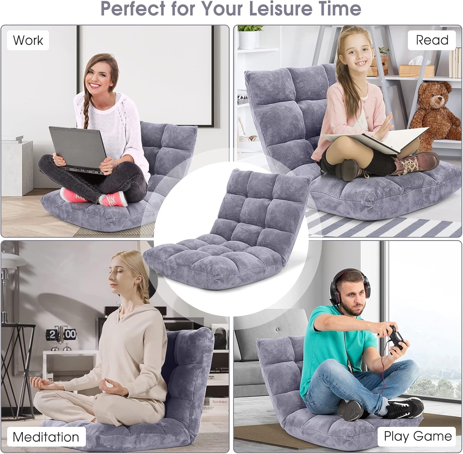 Giantex Folding Floor Chair with Back Support, 14 Adjustable Position, Padded Sleeper Bed, Couch Recliner, Gaming Floor Chairs for Adults, Meditation, Living Room (Grey)