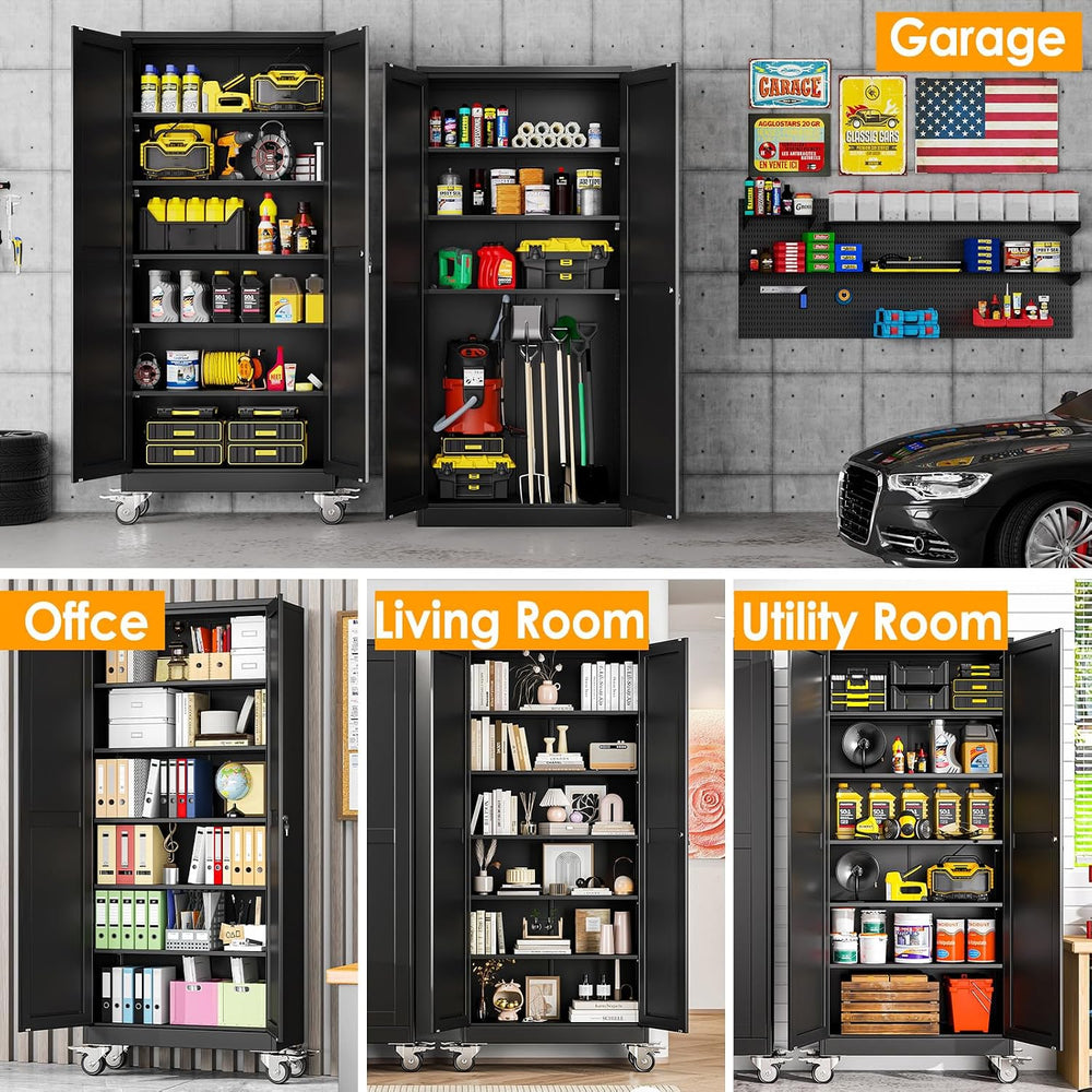 PAOFIN 75''H Metal Garage Storage Cabinet with Wheels,Steel File Cabi...