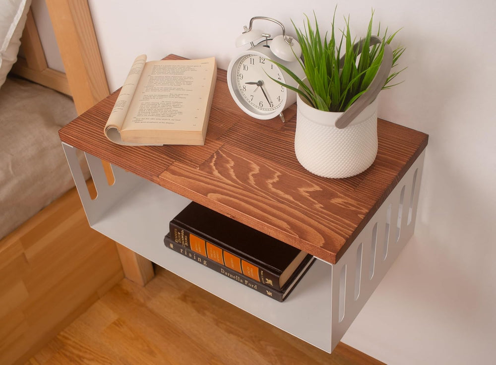 Floating Nightstand with White Metal Base, Wooden Top and Sturdy Metal Base, ...