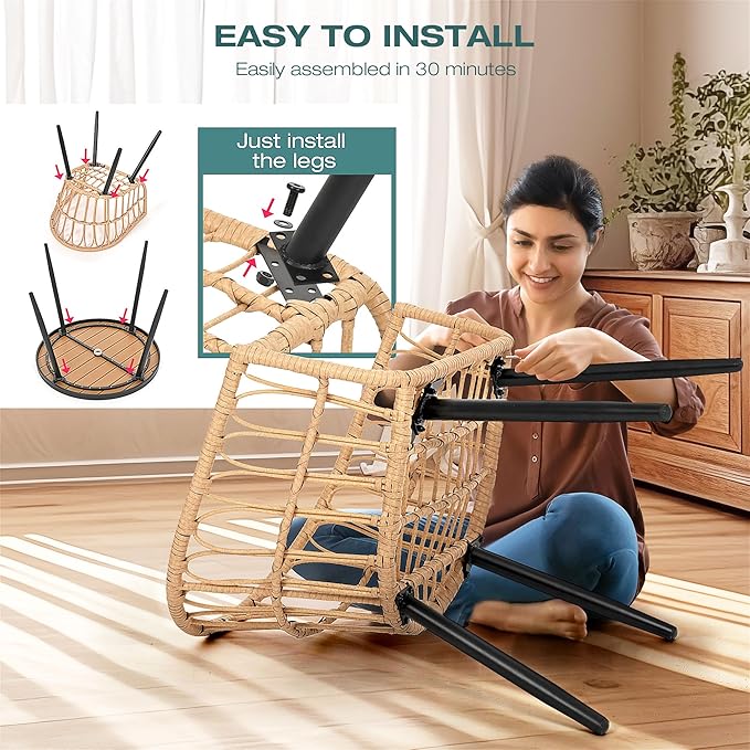 Pamapic 5-Piece Outdoor Dining Set, All-Weather PE Rattan Outdoor Furniture Set with Wood Table Top, Patio Dining Set with Cushion Chairs & Round Table for Garden, Lawn, Patio (Yellow & White)