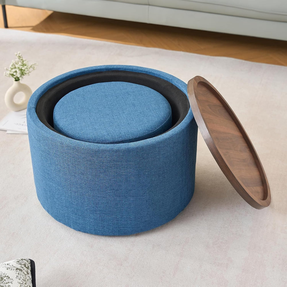 Nesting Storage Ottomans Set of 2, Round Coffee Table with Linen Upholstered ...
