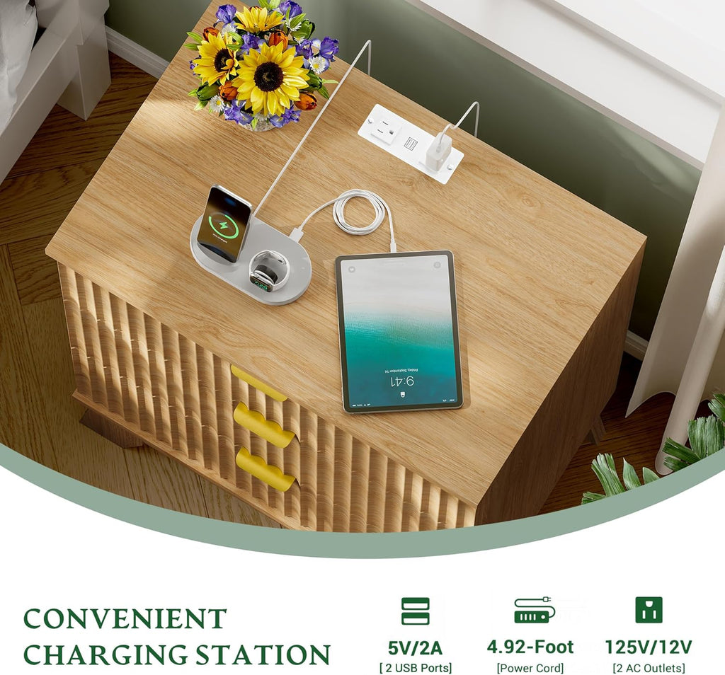 Fluted Nightstand with Charging Station, 24" Wide Bedside Table with 3 Large Storage Drawers, Modern Wood Side Table Night Stand, End Table Small Dresser for Bedroom, Living Room, Dorm, Natural Oak