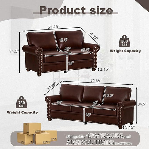 2 Piece Faux Leather Sofa Set,Modern Couch and Loveseat Sets with Storage,Mid Century Couch with Rivet Rolled Arm,Comfy Deep Seat Sofa,Furniture for Living Room,Office(Loveseat+3 Seater,Burgundy)