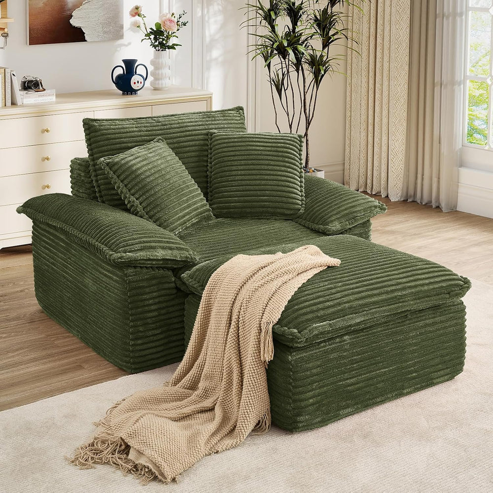 Oversized Chaise Lounge Chair Indoor with Ottoman, Upholstered Corduroy Moder...