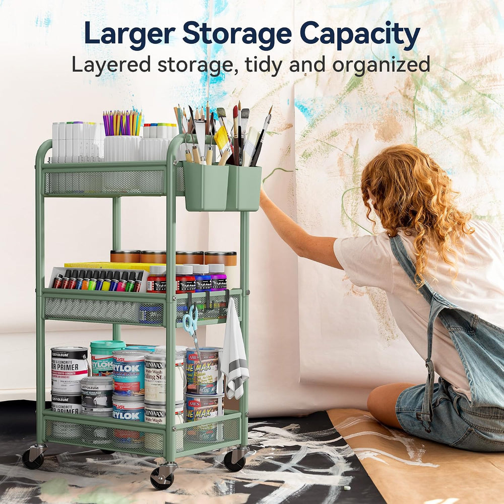 YASONIC 3 Tier Metal Rolling Cart, Green Utility Storage Cart with Wheels | M...