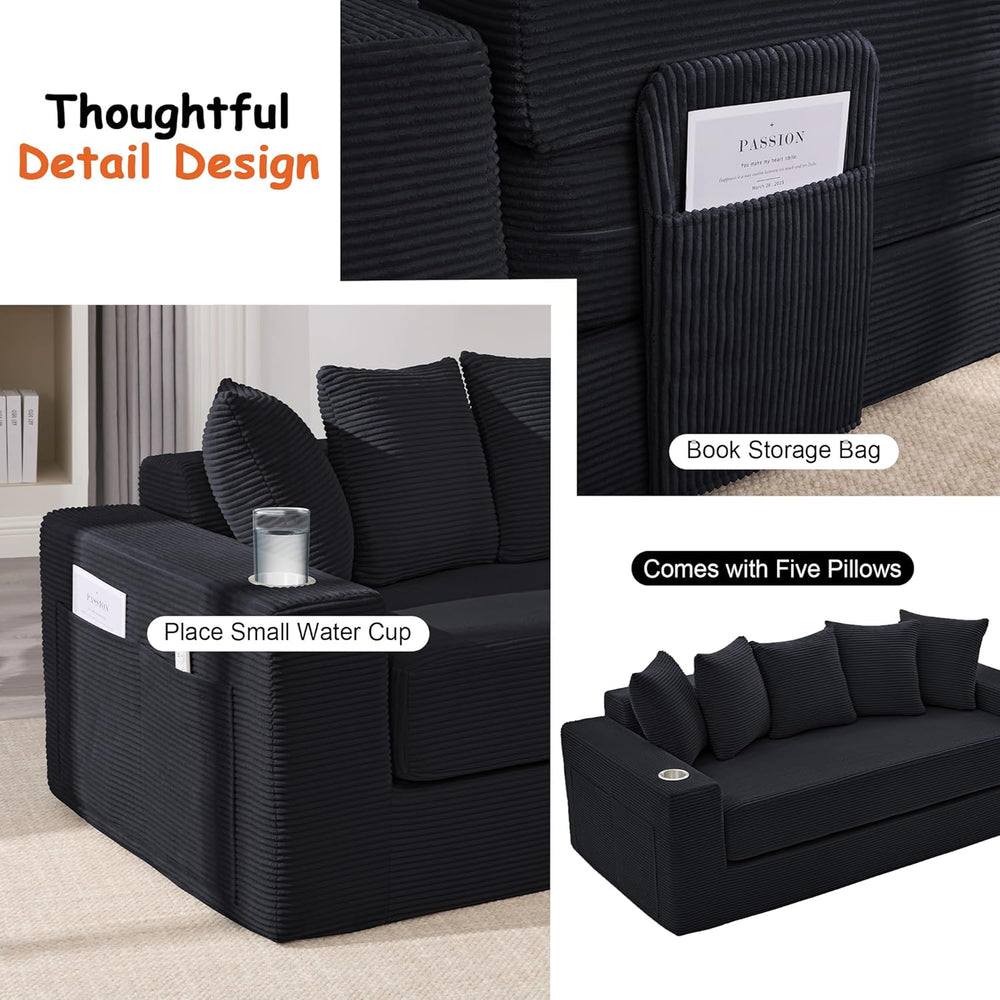 76" Convertible Sofa Bed, Corduroy Couch with Cup Holders & Pocket |...