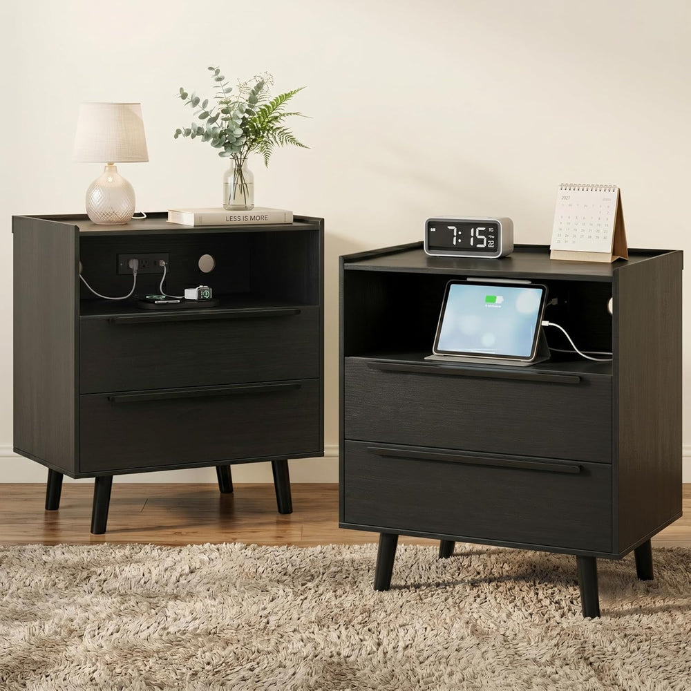 26 Inch Tall Black Oak Nightstands Set of 2 with Charging Station | Matching ...