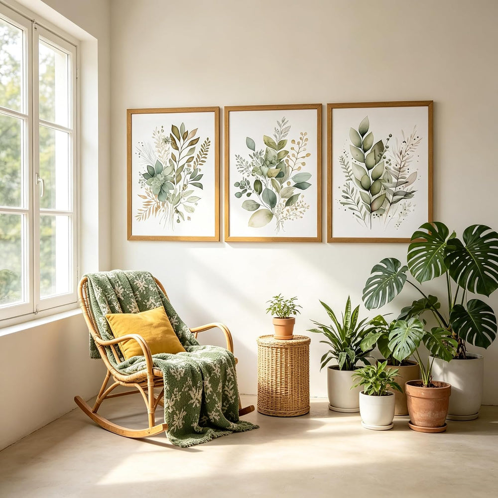 Sage Green Botanical Wall Art Set of 3, Modern Watercolor Eucalyptus Leaf Can...