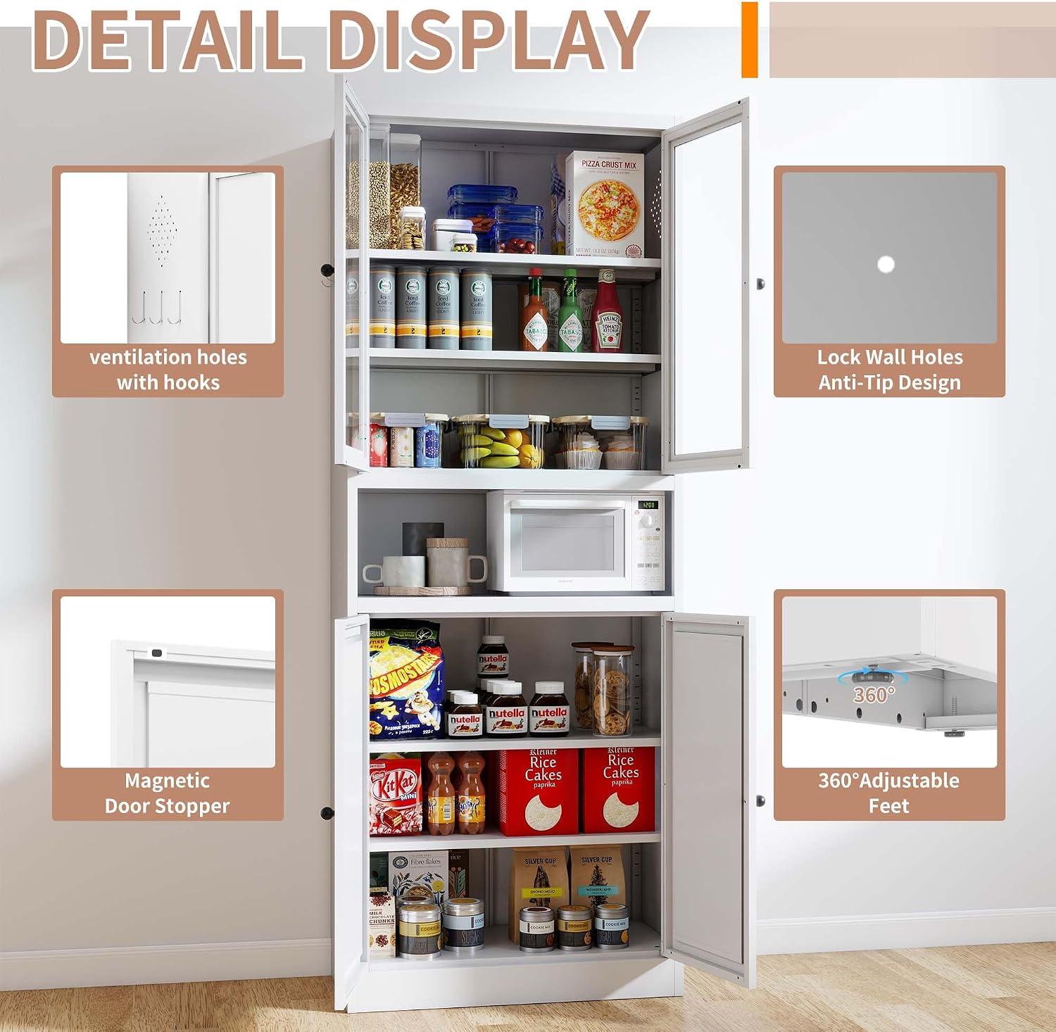 72" Kitchen Pantry Cabinets with Doors & Drawers, Freestanding Metal Pantry Cabinet with Microwave Shelf, Buffet Hutch with Storage for Kitchen Dining Room Pantry, Heavy Duty (White)