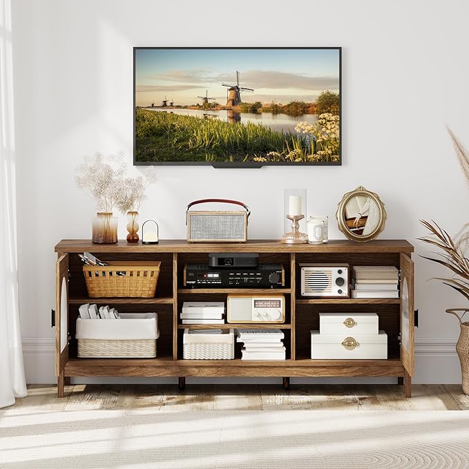 Giantex Farmhouse TV Stand for TVs up to 65", Modern Vintage Entertainment Center w/Storage, Adjustable Shelves, Cable Holes&Glass Doors, Media TV Console Table for Bedroom, Living Room (Walnut)