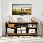Giantex Farmhouse TV Stand for TVs up to 65", Modern Vintage Entertainment Center w/Storage, Adjustable Shelves, Cable Holes&Glass Doors, Media TV Console Table for Bedroom, Living Room (Walnut)