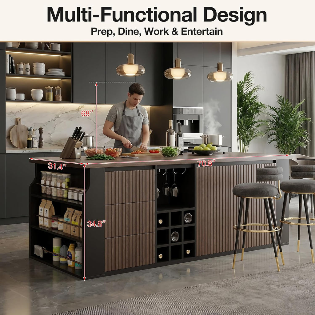 70.8 Inch Modern Multifunctional Kitchen Island Tabletop Home Bar with 3 Drawers, Wine Rack, Glass Cup Holder Adjustable Dividers for Kitchen Dining Room Family Party