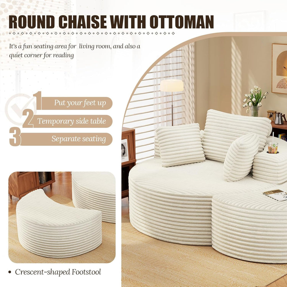 Round Chaise Lounge with Ottoman, Cloud Corduroy Curved Reading Lounge Sofa C...