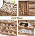 Emfogo Wooden Jewelry Box for Women, 6-Tier Large Jewelry Organizer Boxes with Mirror Rustic Solid Wood jewlery Storage Display for Rings Earrings Necklaces Bracelets watches(Carbonized Black)