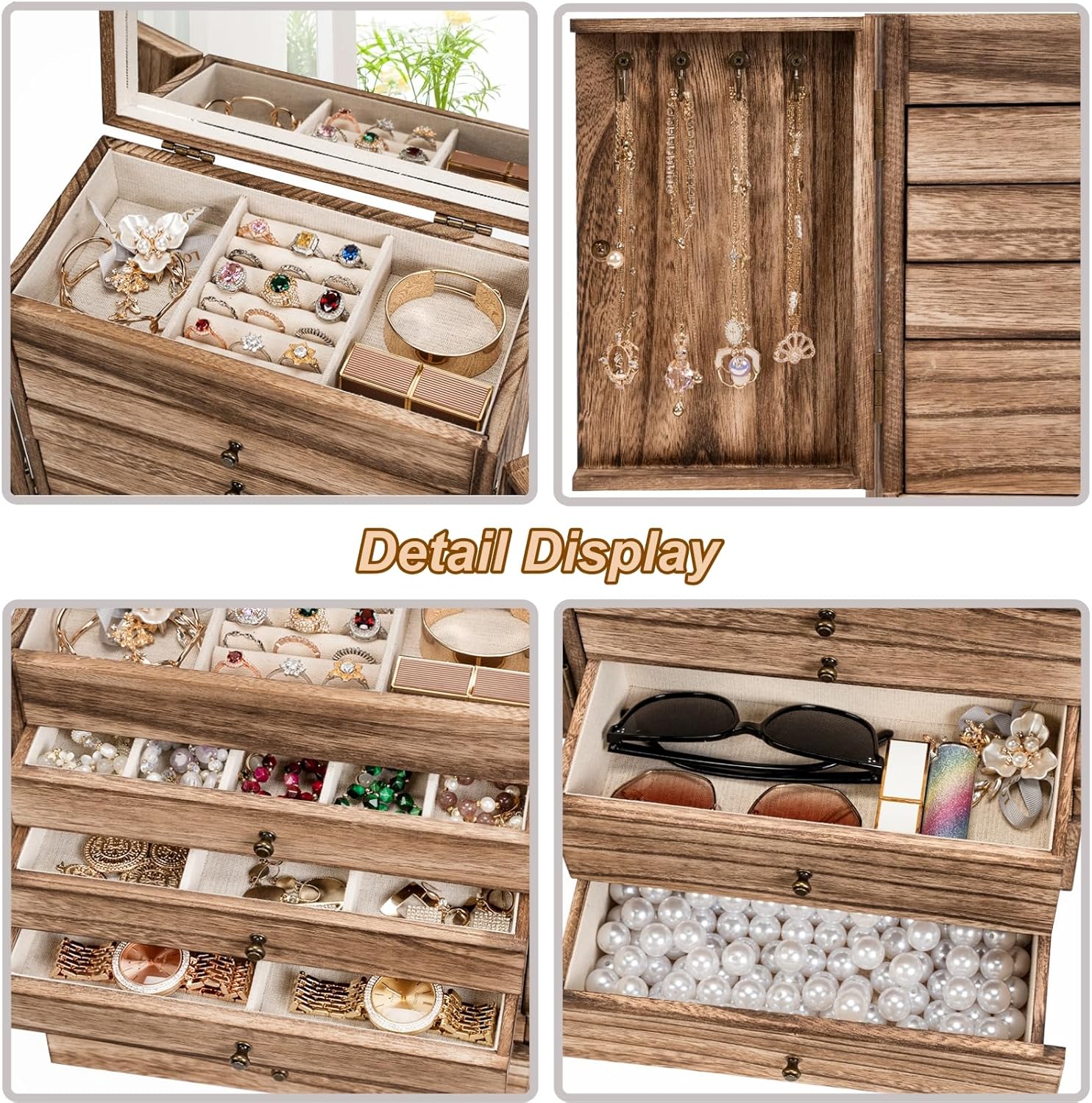 Emfogo Wooden Jewelry Box for Women, 6-Tier Large Jewelry Organizer Boxes with Mirror Rustic Solid Wood jewlery Storage Display for Rings Earrings Necklaces Bracelets watches(Carbonized Black)