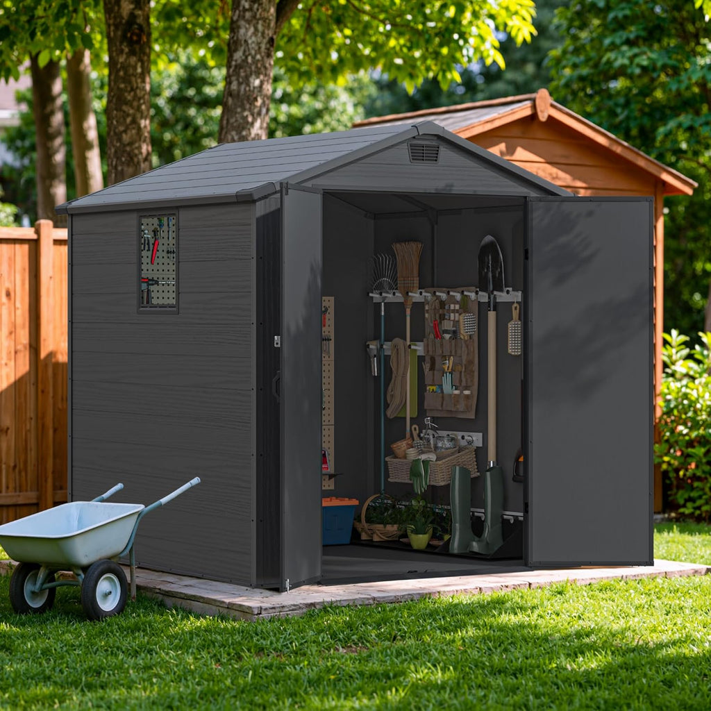 Devoko 6x6 FT Plastic Outdoor Storage Shed - Lockable Resin Tool Shed with Window & Floor - Easy Assembly for Garden, Backyard, Dark Gray